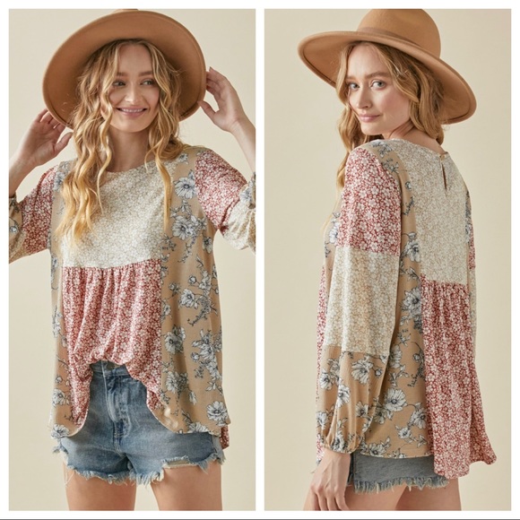 Long Sleeves Color Block Boho Chic Floral Top - Picture 7 of 8